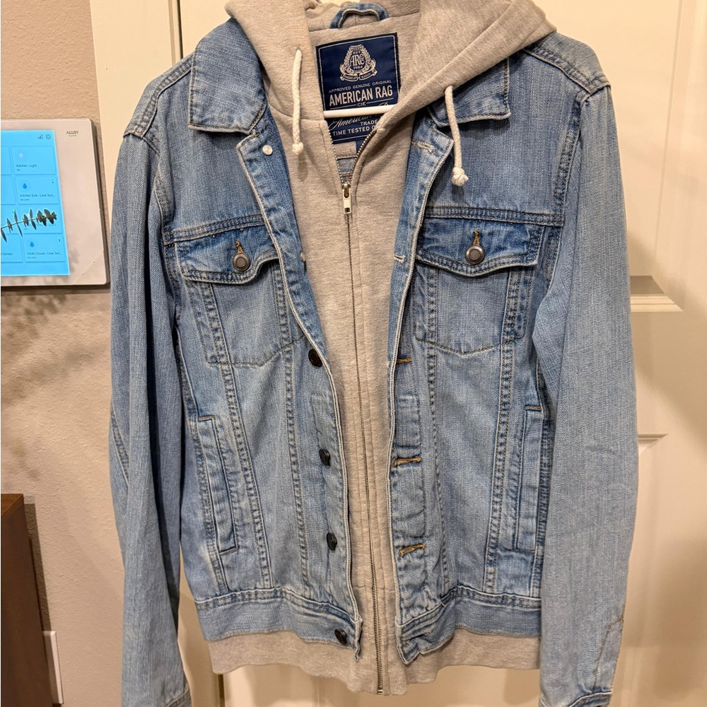 American Rag Light Blue Denim Jacket with Gray Hoodie